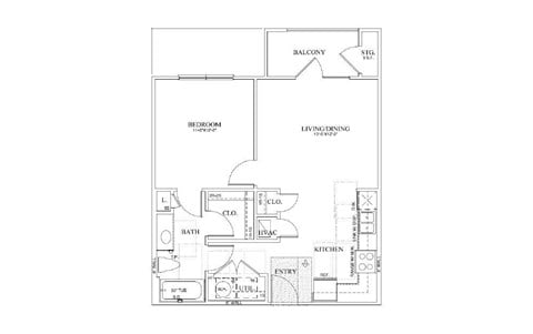 Floor plan for 1 bed, 1 bath, 650 sqft